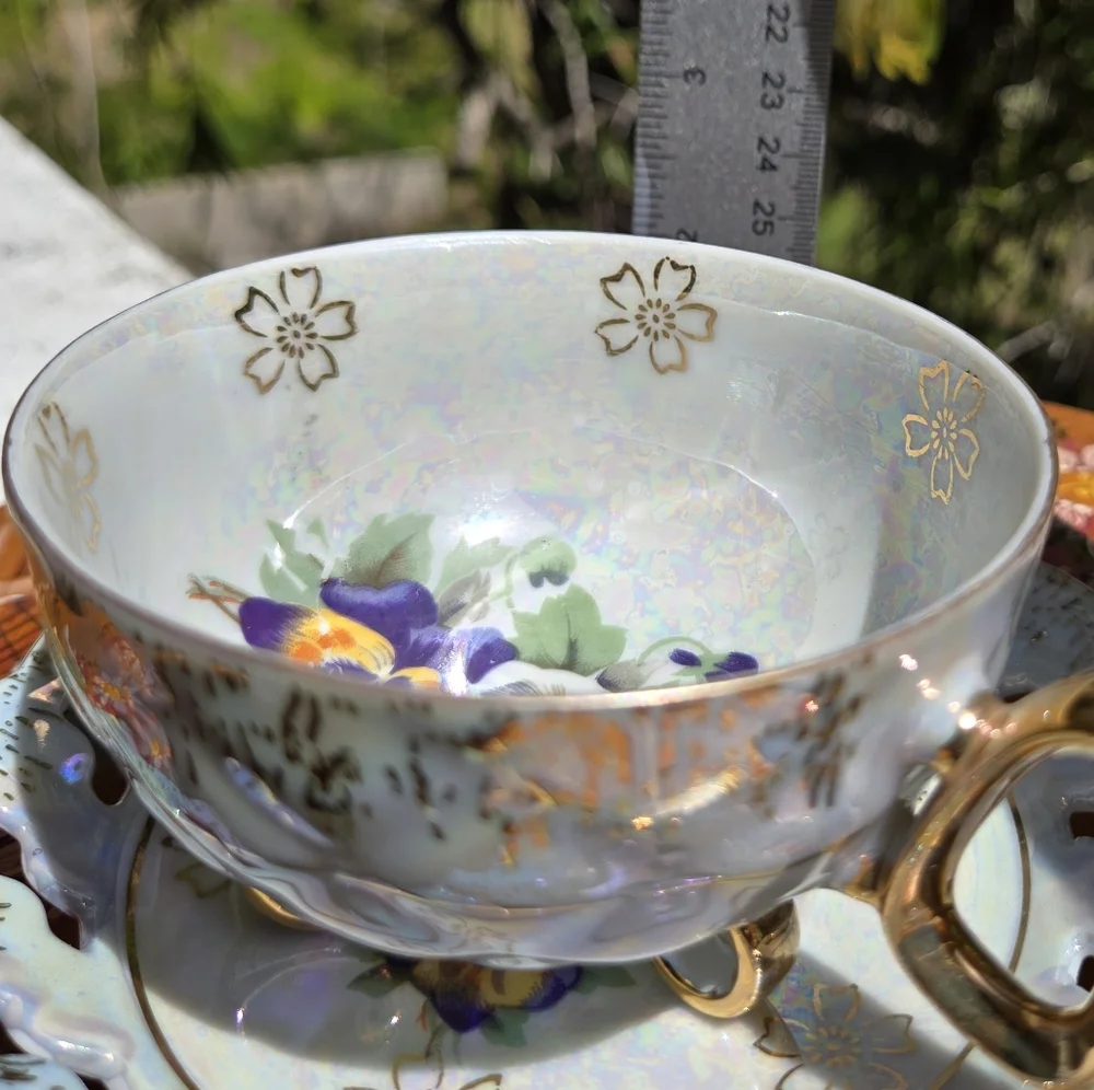 Vntg Lusterware‎ Footed Cup Pierced Saucer Gold trim B. P. Import Japan ART DECO
